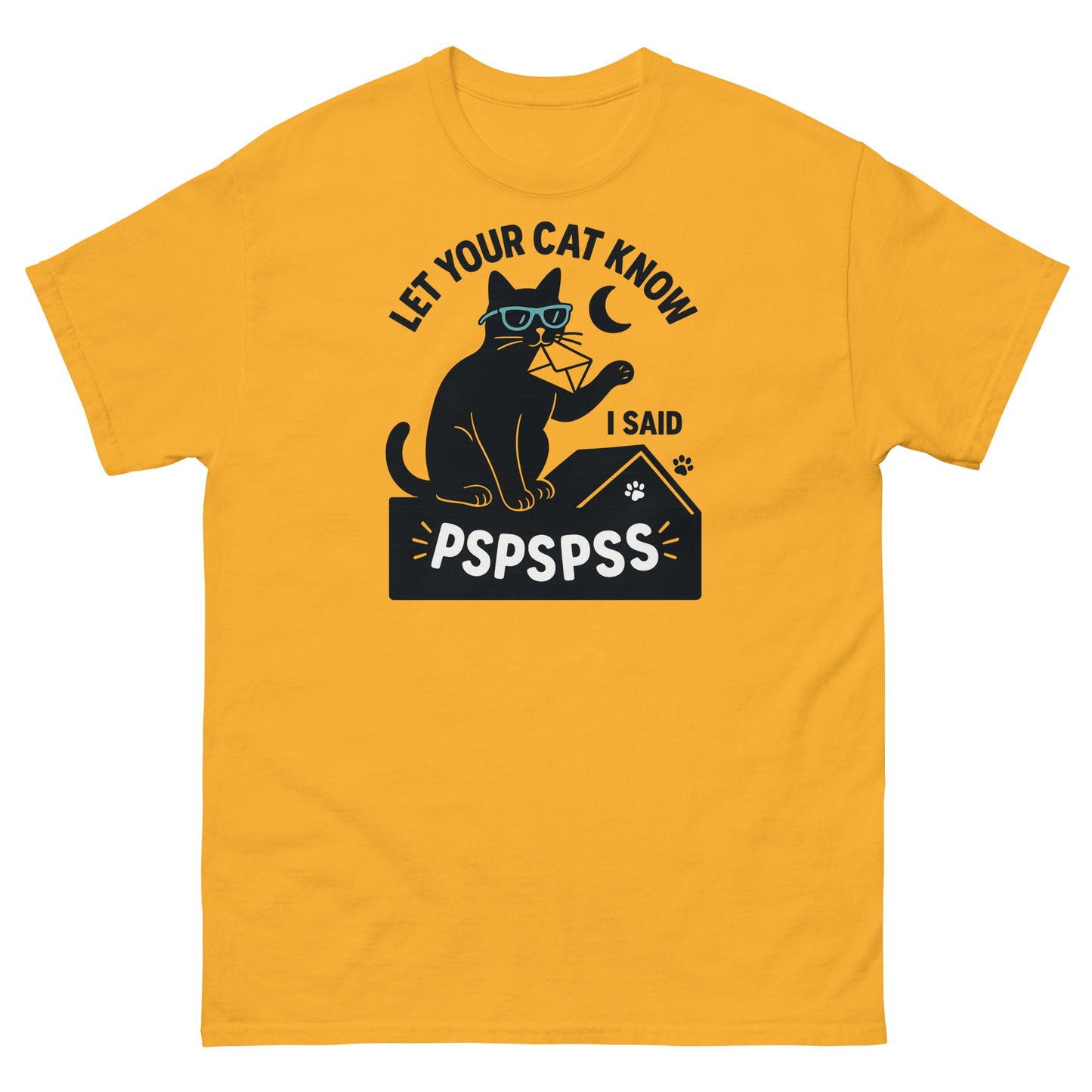 Gold t-shirt featuring quirky black cat and paw print graphic with playful pspspss slogan