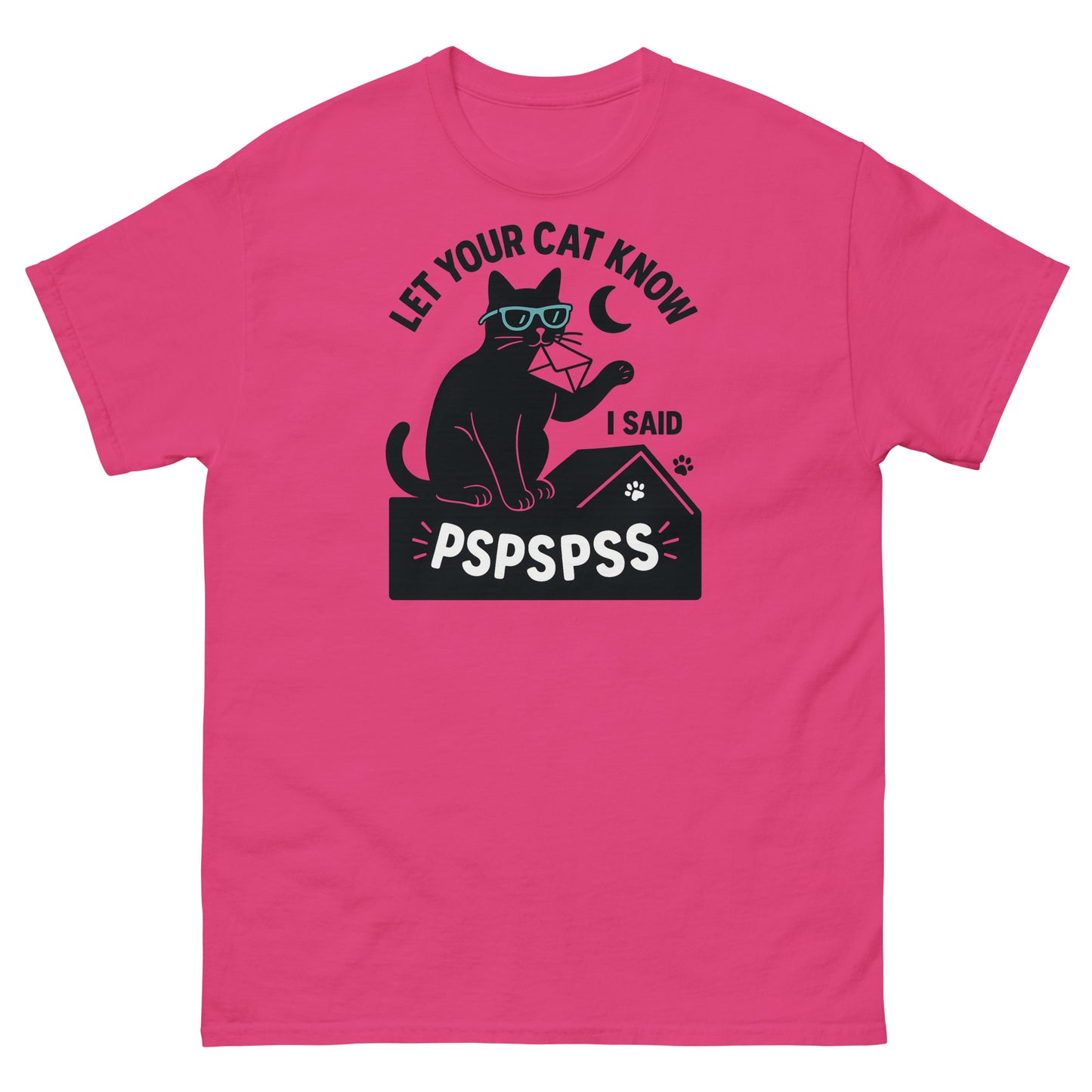 Heliconia pink t-shirt with funny pspspss cat graphic and quirky pet lover design
