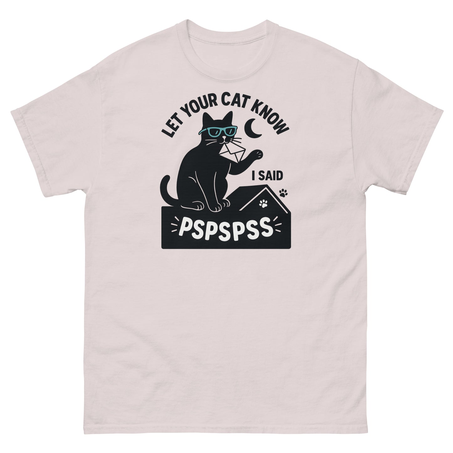 Ice grey cat owner tee with bold black pspspss graphic and crescent moon detail