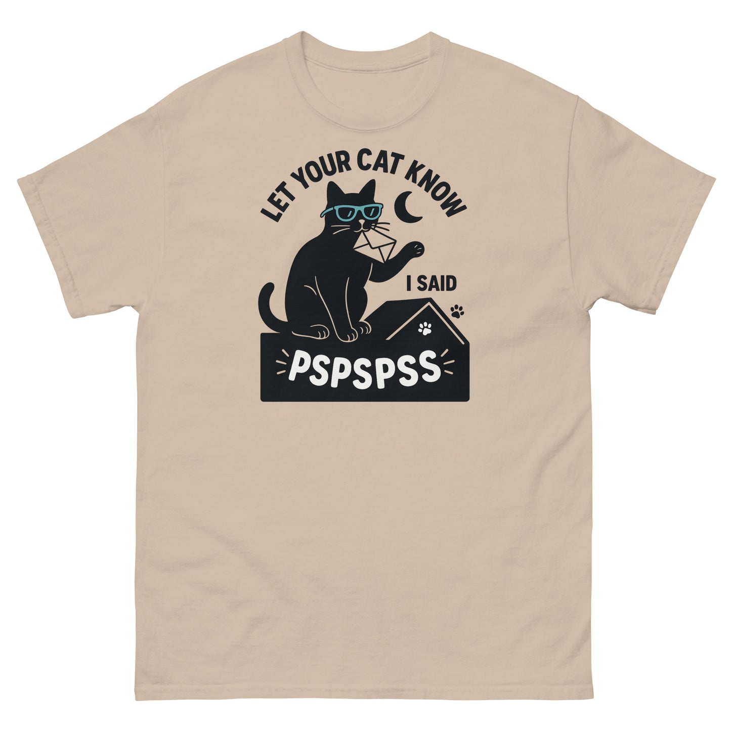 Sand-colored shirt with funny pet people design and bold black cat illustration