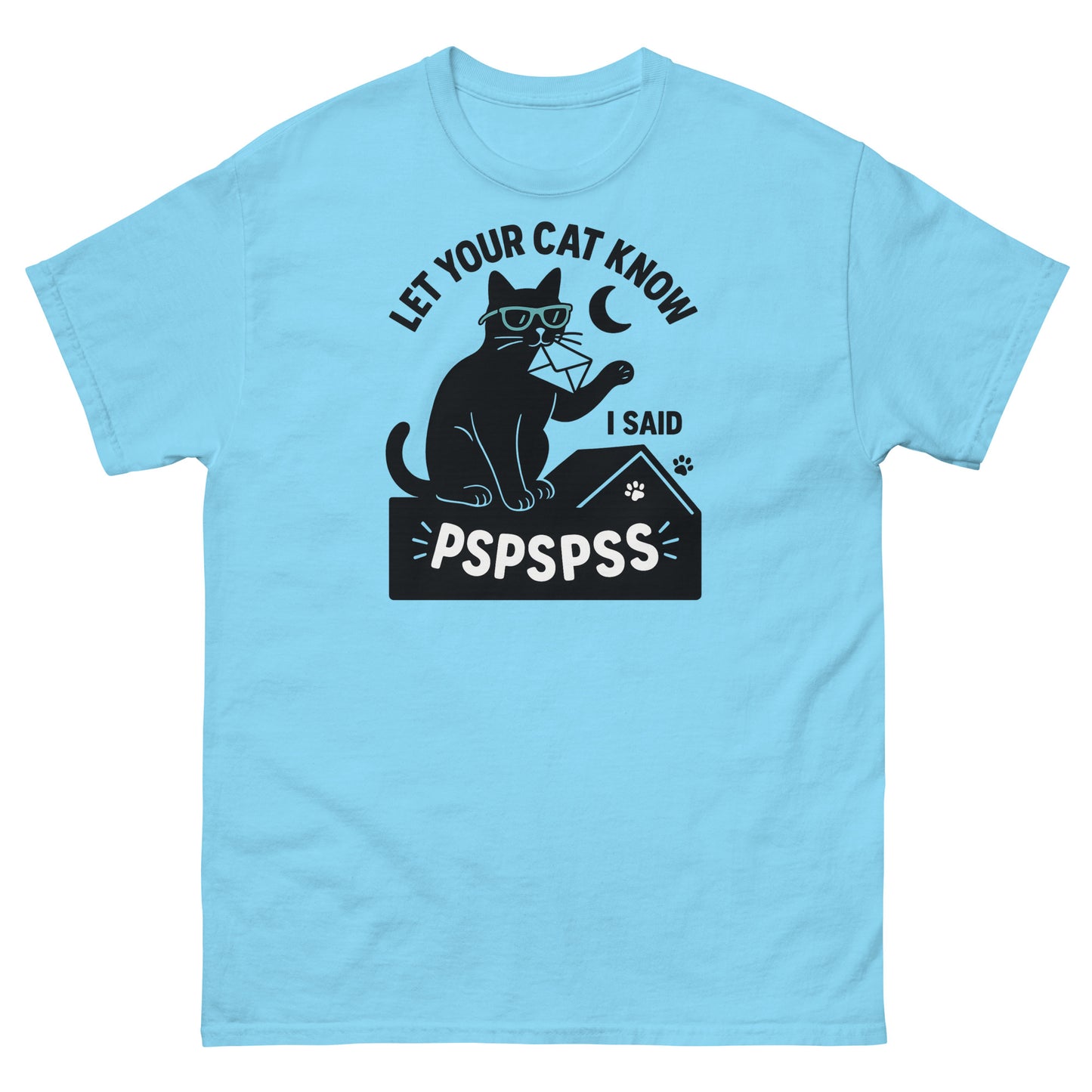 Sky blue quirky cat communication shirt with pspspss phrase and playful design