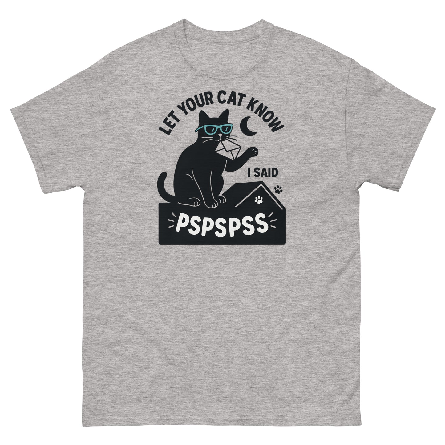 Sport grey graphic tee with “pspspss” cat lover quote and black cartoon cat