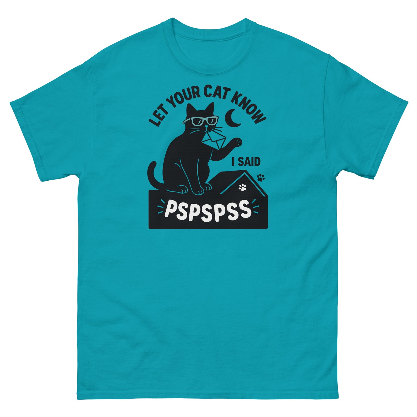 Tropical blue cat lover tee with cartoon cat saying pspspss and retro moon detail