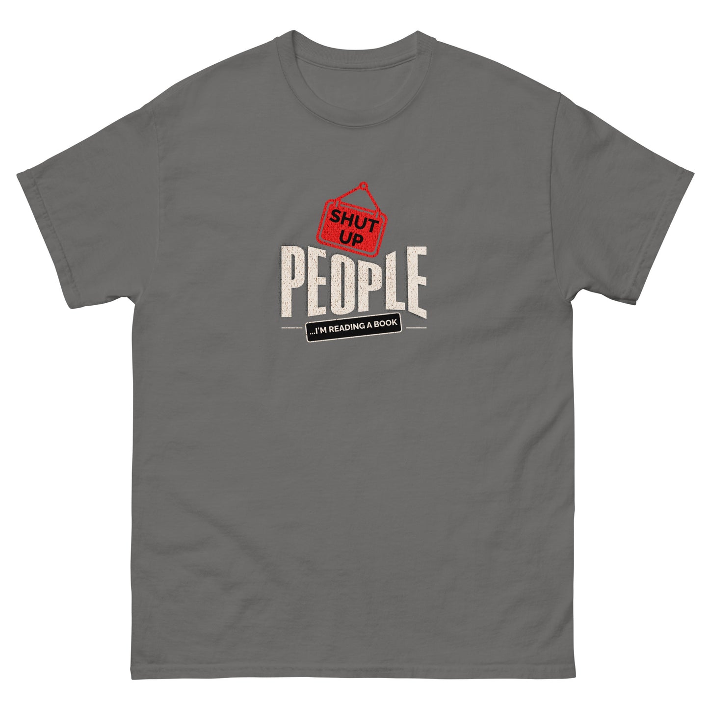 Charcoal t-shirt featuring humorous reading design