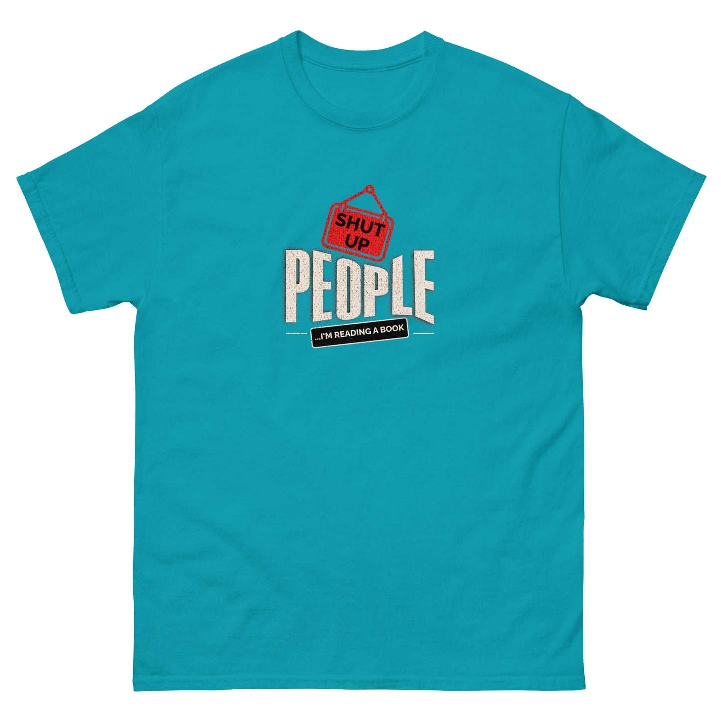 Tropical blue t-shirt featuring "Shut Up People" reading design