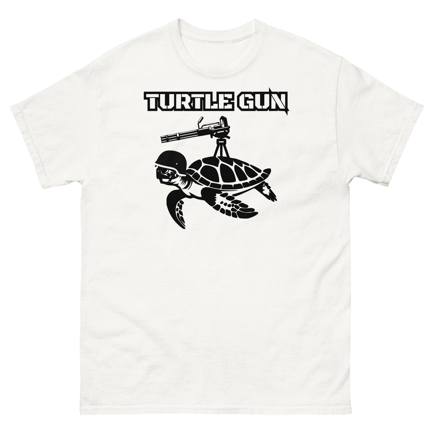 White t-shirt featuring a funny turtle gun design.