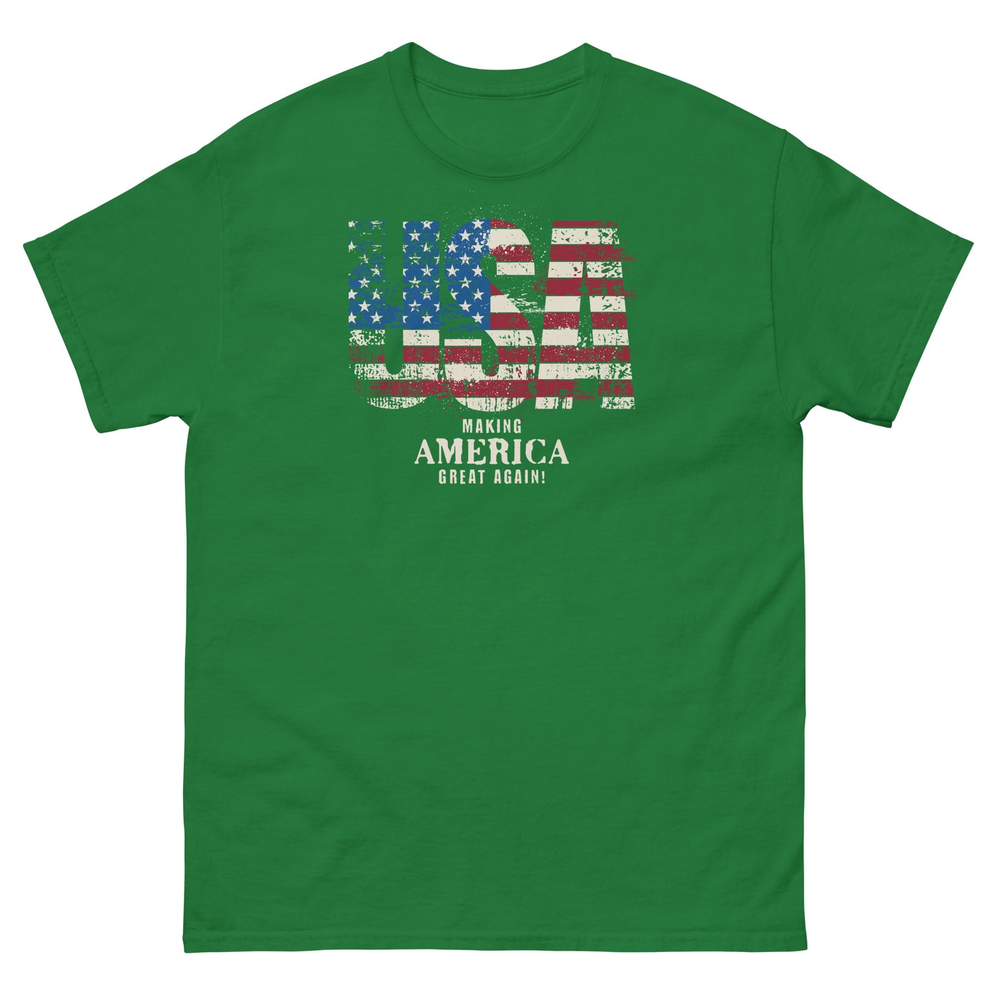 Turf green patriotic tee with classic Americana design and “Making America Great Again” slogan