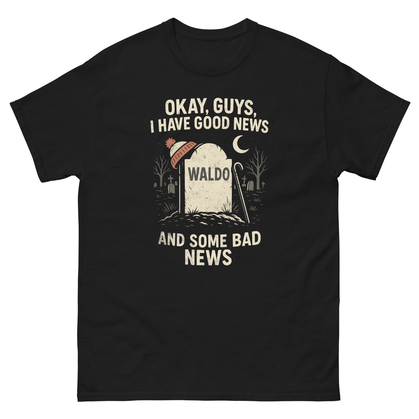Front view of black funny tombstone t-shirt with retro Waldo grave design and dark humor slogan