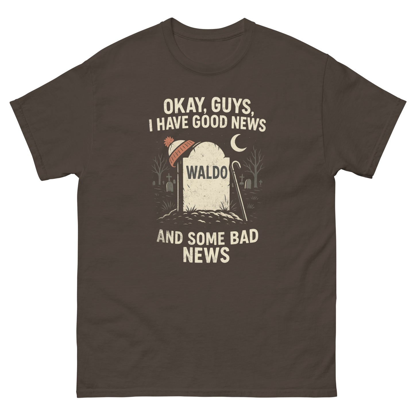Dark chocolate graphic t-shirt with Waldo tombstone and sarcastic retro cemetery print