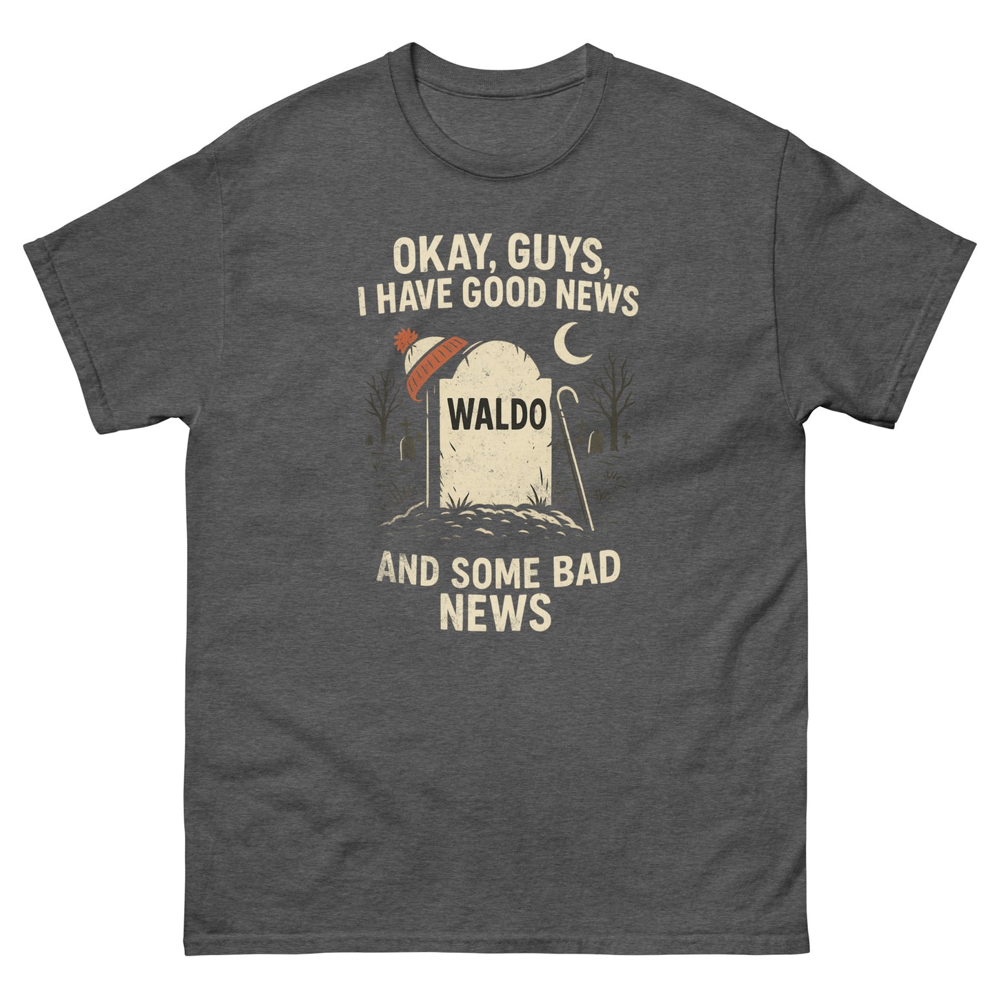 Dark heather gray tee with ironic tombstone graphic of Waldo and Halloween-inspired typography