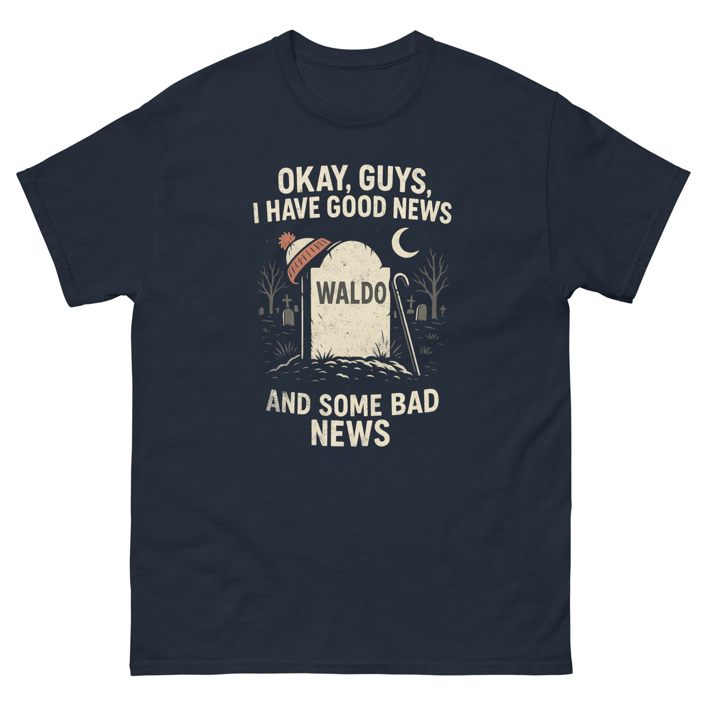 ProduNavy blue retro dark humor t-shirt with Waldo tombstone design and sarcastic slogan