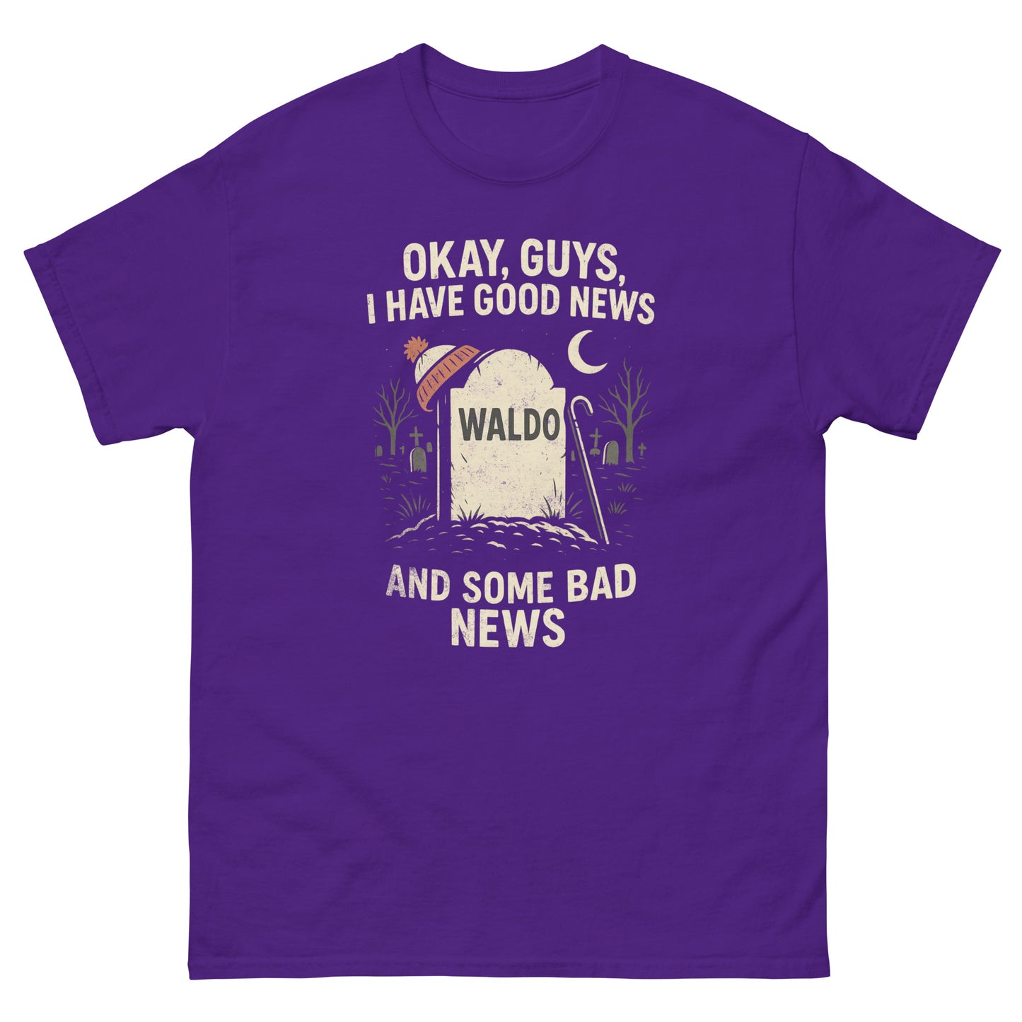 Purple novelty t-shirt with funny Waldo tombstone and Halloween-style artwork