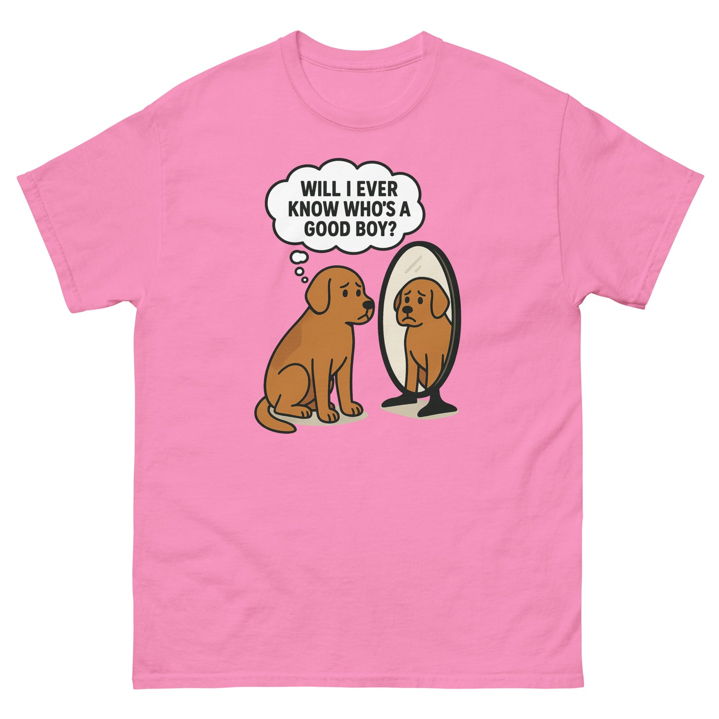 Azalea pink shirt with sad dog cartoon graphic and humorous self-reflection message