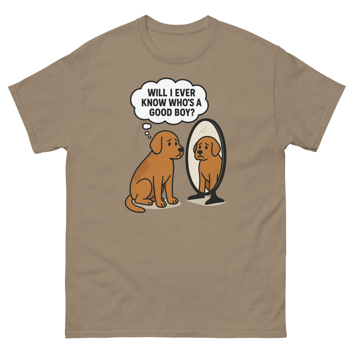 Brown Savana dog meme shirt with cartoon-style introspective pet in front of mirror