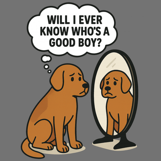 Close-up of cartoon dog staring into mirror with “Will I ever know who’s a good boy?” quote in funny sad graphic