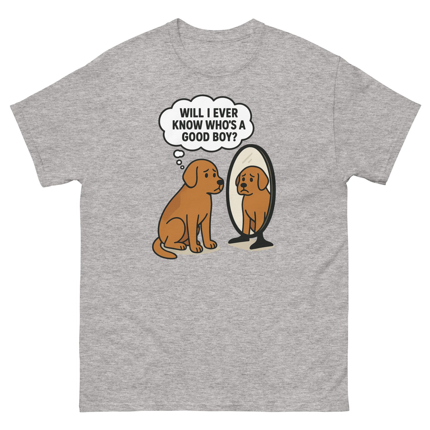 Sport grey funny dog shirt featuring reflective cartoon pet pondering identity