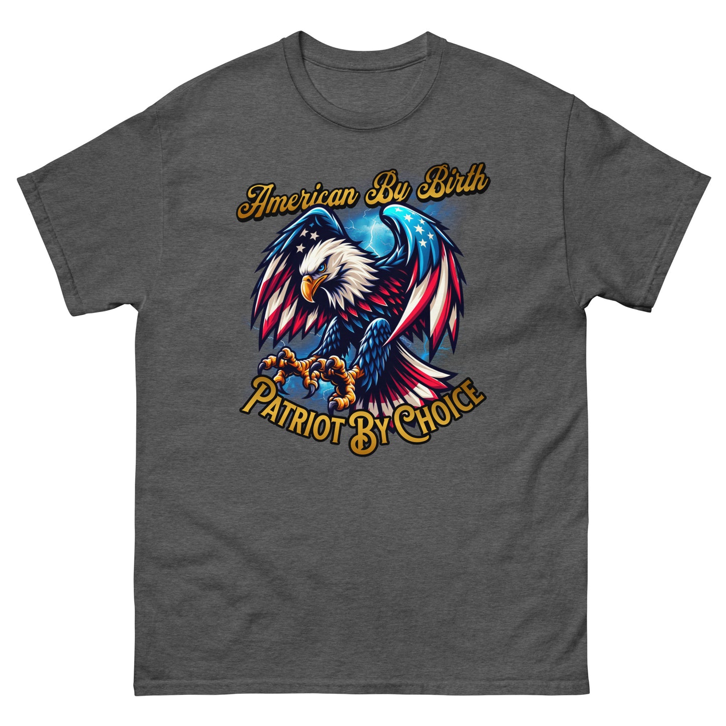 Dark heather American flag eagle shirt with patriotic quote and vintage texture