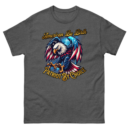 Dark heather American flag eagle shirt with patriotic quote and vintage texture
