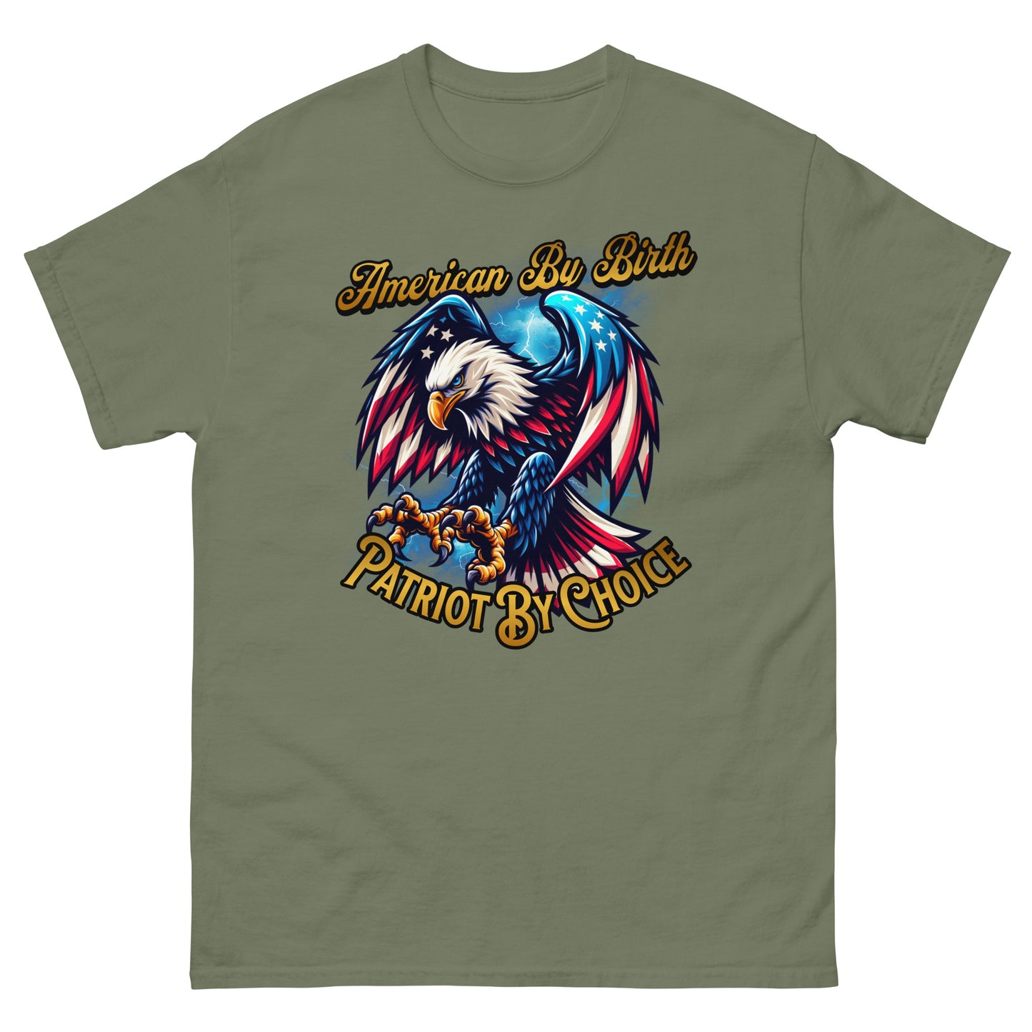 Military green veteran-style t-shirt with fierce eagle graphic and patriotic message