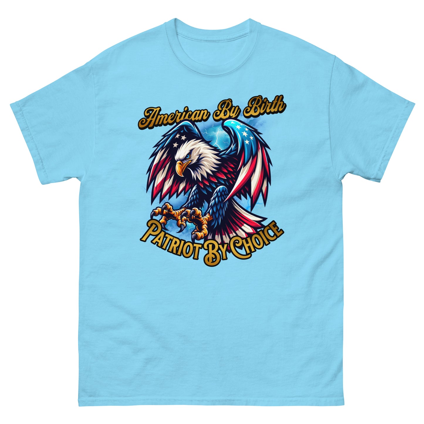 Sky blue patriotic graphic t-shirt featuring bald eagle and “Patriot by Choice” motto