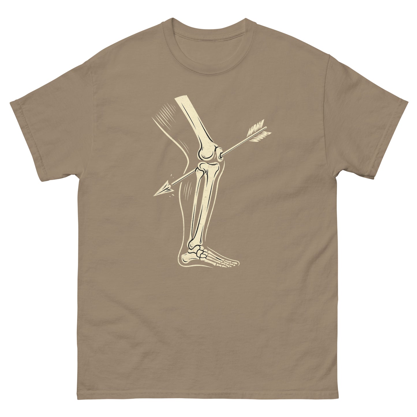 Brown Savana meme shirt with iconic gamer joke “took an arrow to the knee” in retro art style