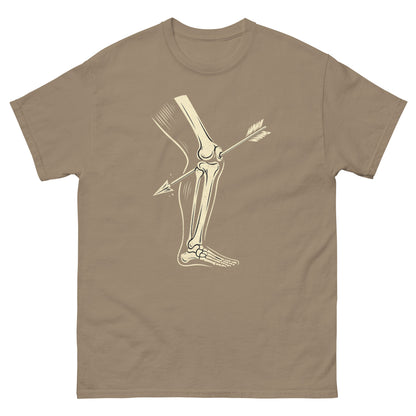 Brown Savana meme shirt with iconic gamer joke “took an arrow to the knee” in retro art style