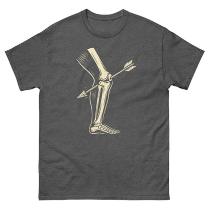 Dark heather Skyrim fan tee with stylized bone and arrow gag from gamer culture