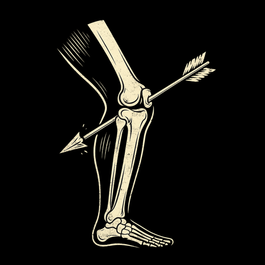 Close-up of vintage-style gamer shirt graphic showing an arrow through a skeleton knee joint