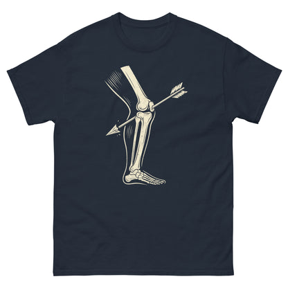 Navy blue RPG meme shirt with vintage skeleton knee and arrow design for video game lovers