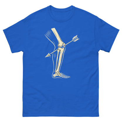 Royal blue gaming nerd shirt featuring funny retro bone graphic and arrow-in-knee meme reference