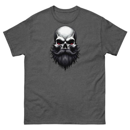 Dark heather t-shirt with Bearded Till Death skull logo for barbers, tattoo fans, or bearded guys