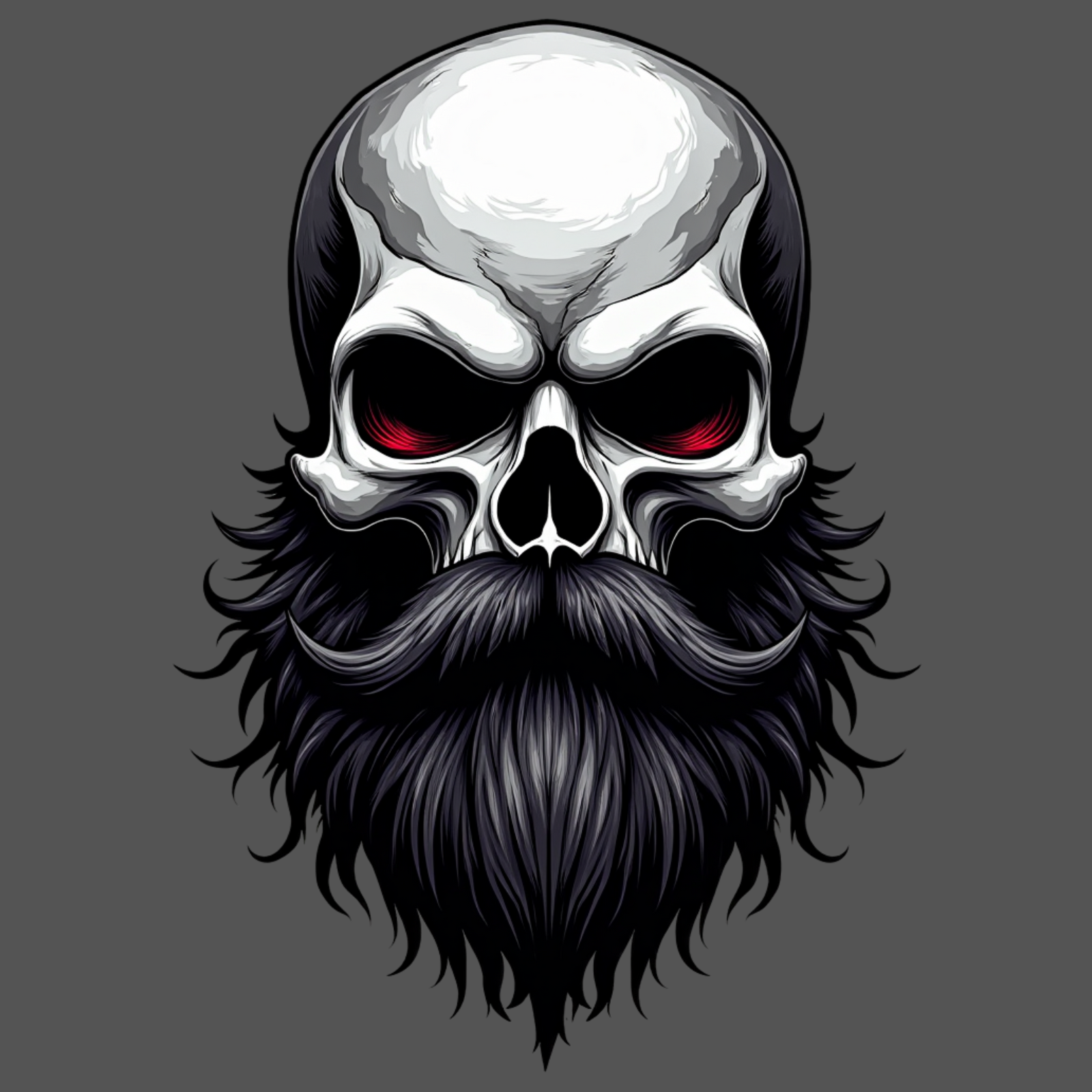 Close-up of skull with full black beard and red eyes on bold “Bearded Till Death” t-shirt design