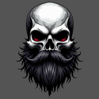 Close-up of skull with full black beard and red eyes on bold “Bearded Till Death” t-shirt design