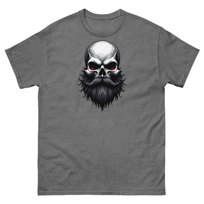 Graphite heather tee with “Bearded Till Death” look and black-bearded skull graphic