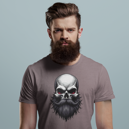 Bearded man wearing brown graphic t-shirt with intense skull and beard artwork for edgy beard culture