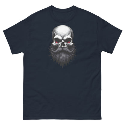 Navy beard lifestyle shirt featuring skull illustration with deep-set eyes and flowing beard
