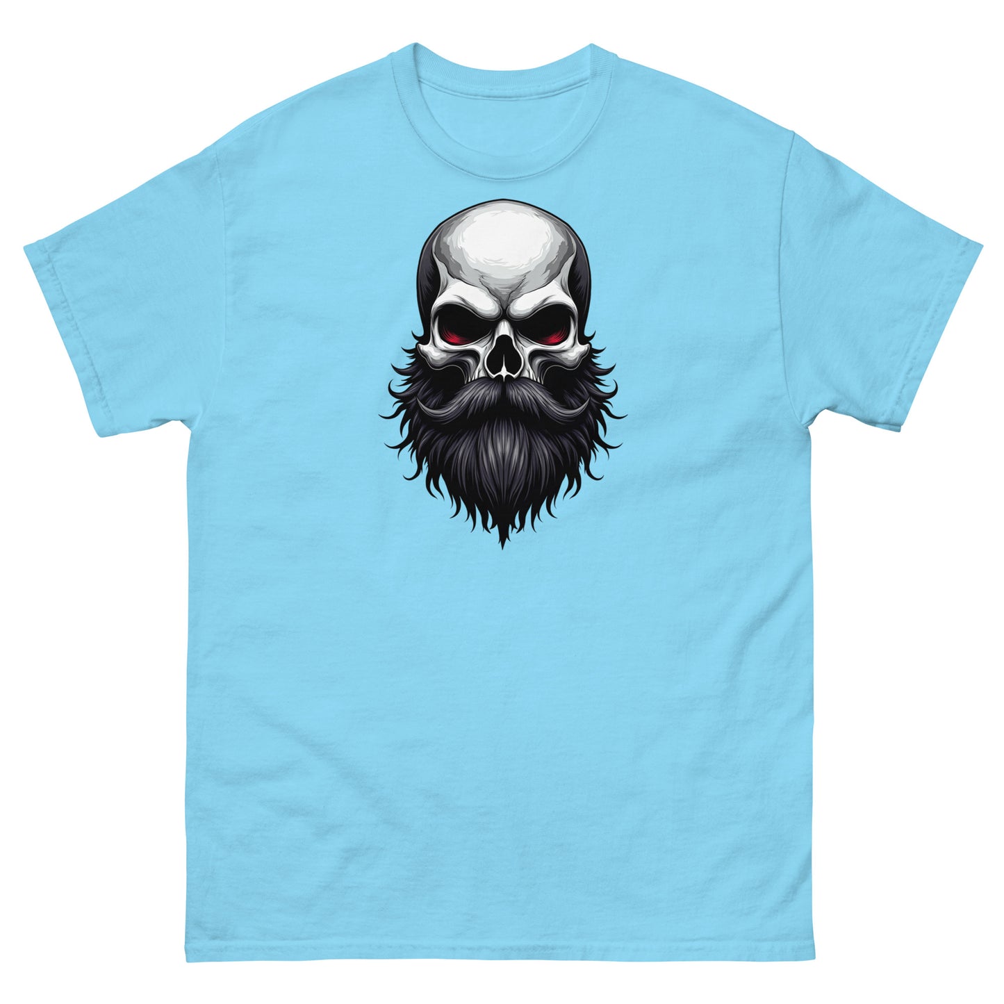 Sky blue gothic skull beard shirt with bold dark art perfect for alternative men’s style