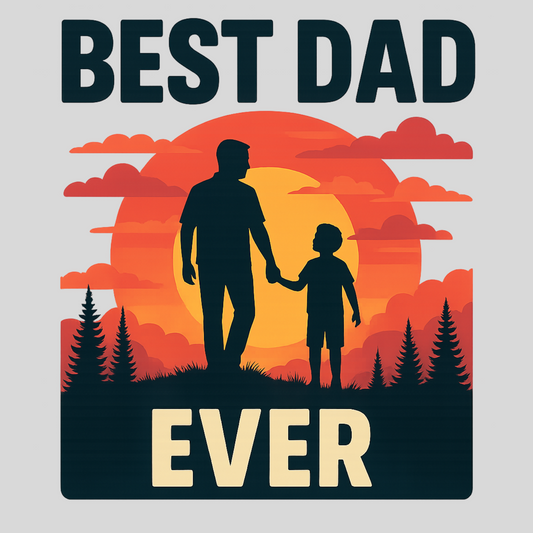 Close-up of Best Dad Ever t-shirt graphic with sunset sky and father-child silhouettes