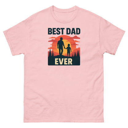 Light pink Best Dad Ever tee with warm sunset design and father-child silhouette