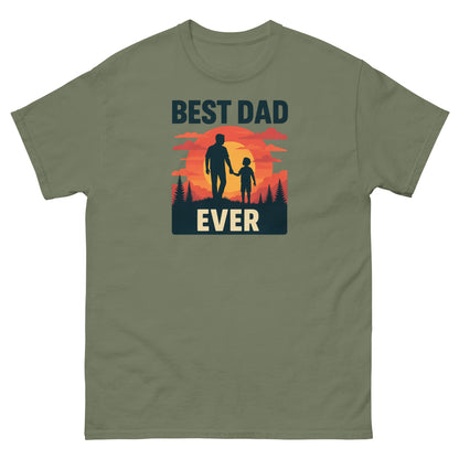 Military green fatherhood graphic tee with retro sunset and bold Best Dad Ever print