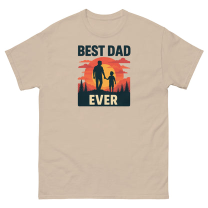 Sand-colored sentimental fatherhood t-shirt with retro sunset and proud dad graphic

