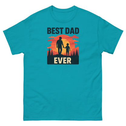 Tropical blue Father’s Day t-shirt with dad and child walking into retro sunset design
