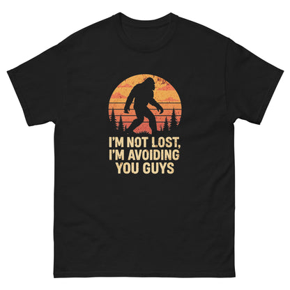 Black sarcastic bigfoot graphic tee with sunset background and introvert message