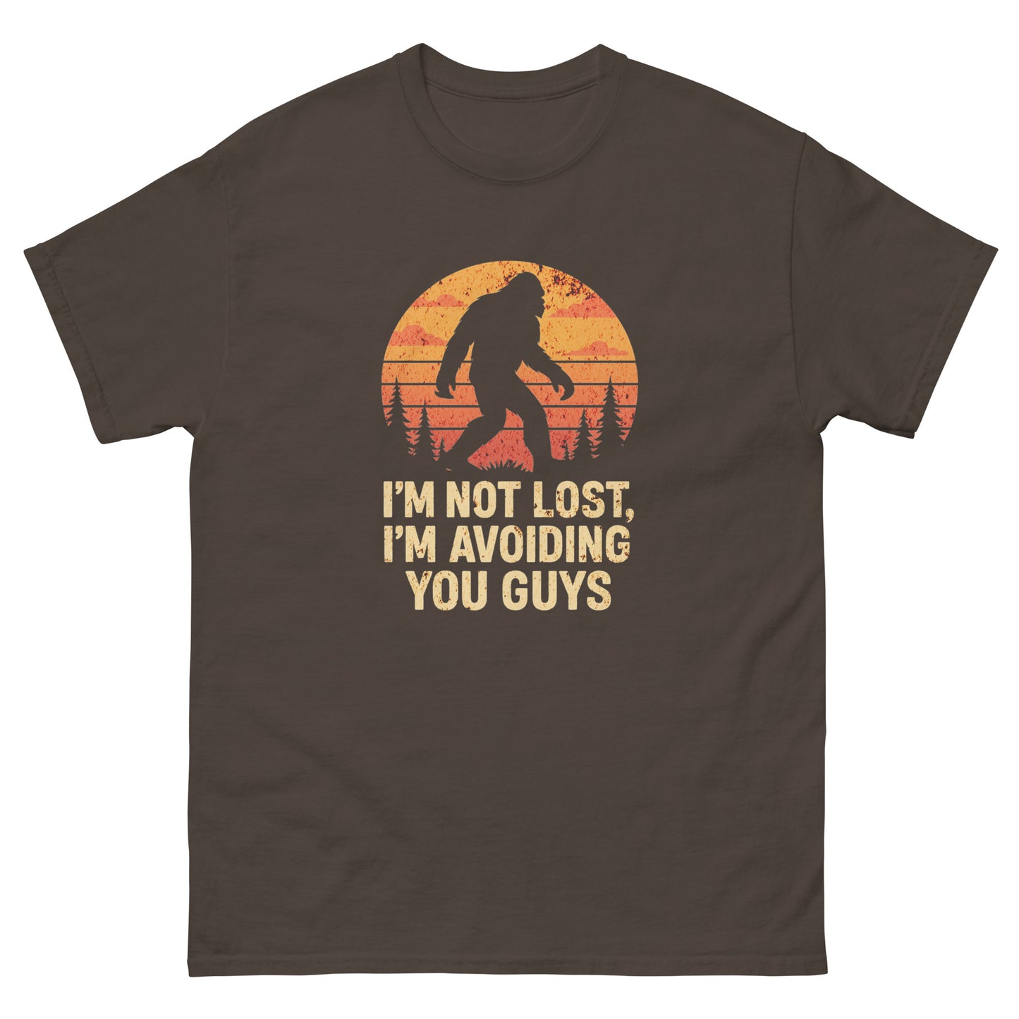 Dark chocolate sarcastic cryptid t-shirt with retro bigfoot sunset artwork