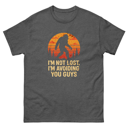 Dark heather bigfoot forest tee with sarcastic outdoor introvert message and graphic sunset
