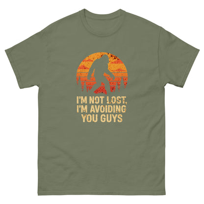 Military green forest shirt with bigfoot silhouette and “I’m avoiding you guys” text