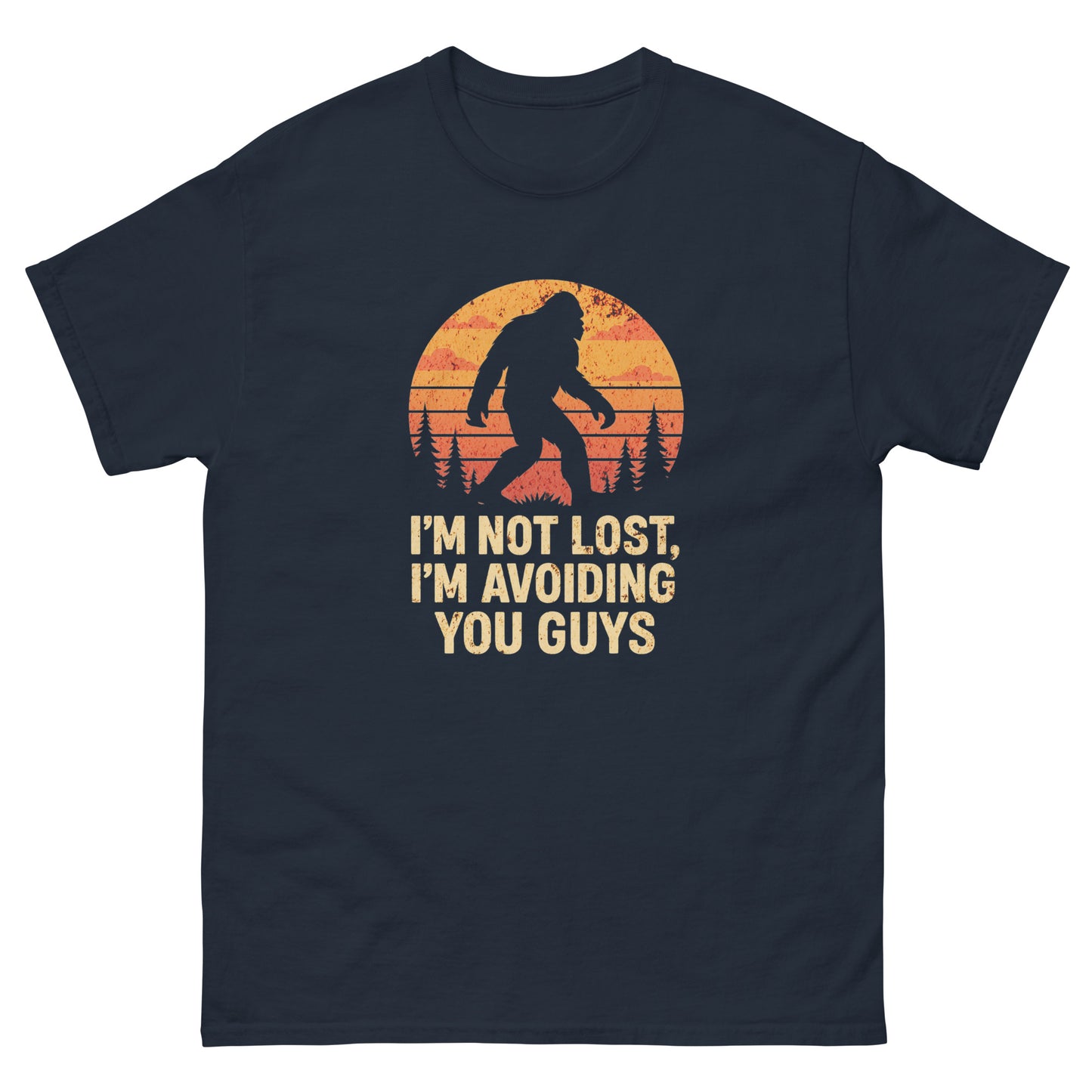 Navy blue outdoorsy bigfoot shirt featuring bold “avoiding you” slogan and trees