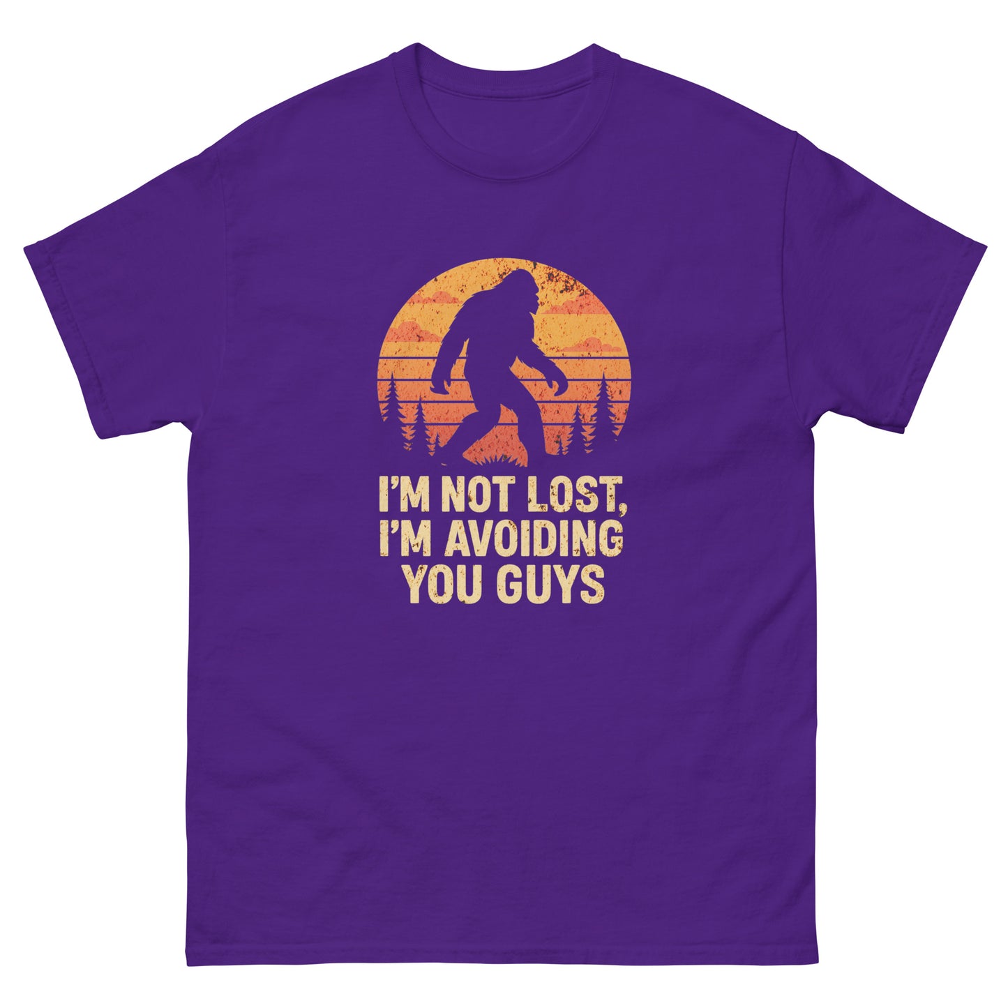 Purple novelty tee with bigfoot silhouette, sunset forest art, and introvert quote