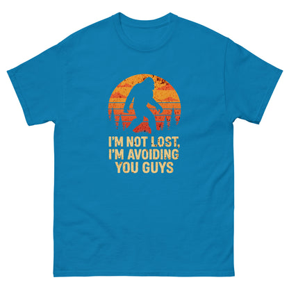 Sapphire blue funny bigfoot graphic t-shirt with retro forest print and bold quote