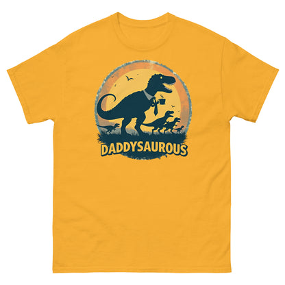 Gold retro-style dad t-shirt with dino family graphic and “Daddysaurous” in bold yellow